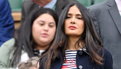 Salma Hayek Perfects Wimbledon Chic by Pairing a $3,500 Tweed Blazer With a Striped Gucci Shirt