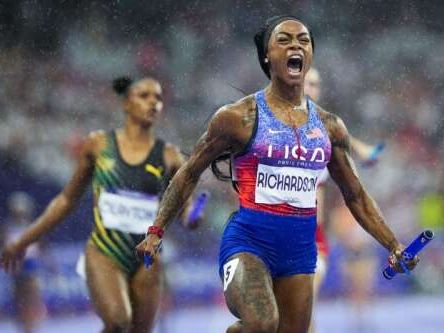 Sha’Carri Richardson chases down two competitors in rain to end her first Olympics with a relay gold