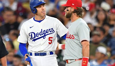 Emotional Freddie Freeman gets hug from Bryce Harper in return to Dodgers as ailing son recovers