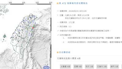 921遇地震！18:51花蓮秀林規模5.3 最大震度4級