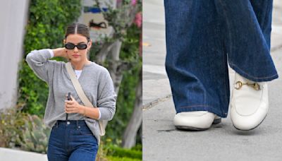 Lucy Hale Takes a Walk in Preppy White and Gold Loafers in Los Angeles