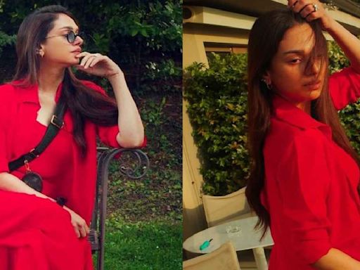 Aditi Rao Hydari embraces beauty of love in Anamika Khanna’s crimson red co-ord set