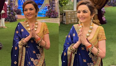 Anant Ambani-Radhika Merchant Wedding: Nita Ambani’s green and blue lehenga saree by Abu Jani Sandeep Khosla is iconic and impeccable