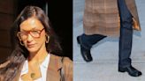 Bella Hadid Goes Shopping in Black Square-Toed Ankle Boots in New York