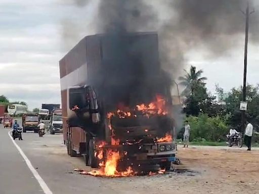 Container lorry catches fire on Chennai-Bengaluru national highway, no casualties reported