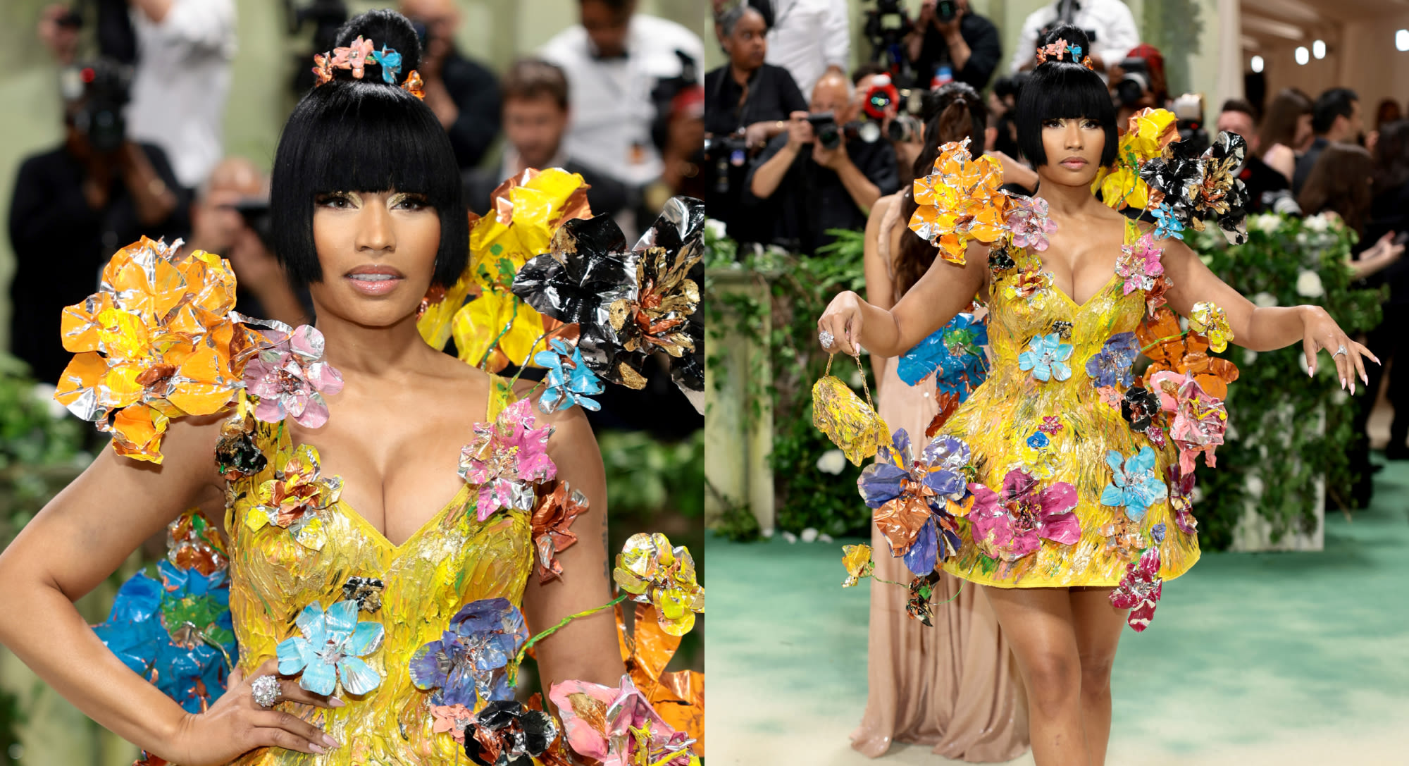 Nicki Minaj Pops in Whimsical Yellow 3D Floral Marni Minidress on Met Gala 2024 Red Carpet