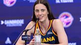 Caitlin Clark of the Indiana Fever talks to reporters during media day activities at Gainbridge Fieldhouse on May 1, 2024, in Indianapolis.