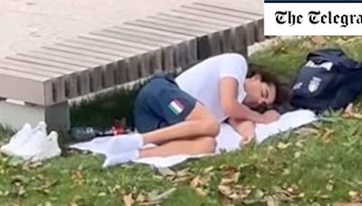 Olympic champion Thomas Ceccon pictured sleeping outside at athletes’ village