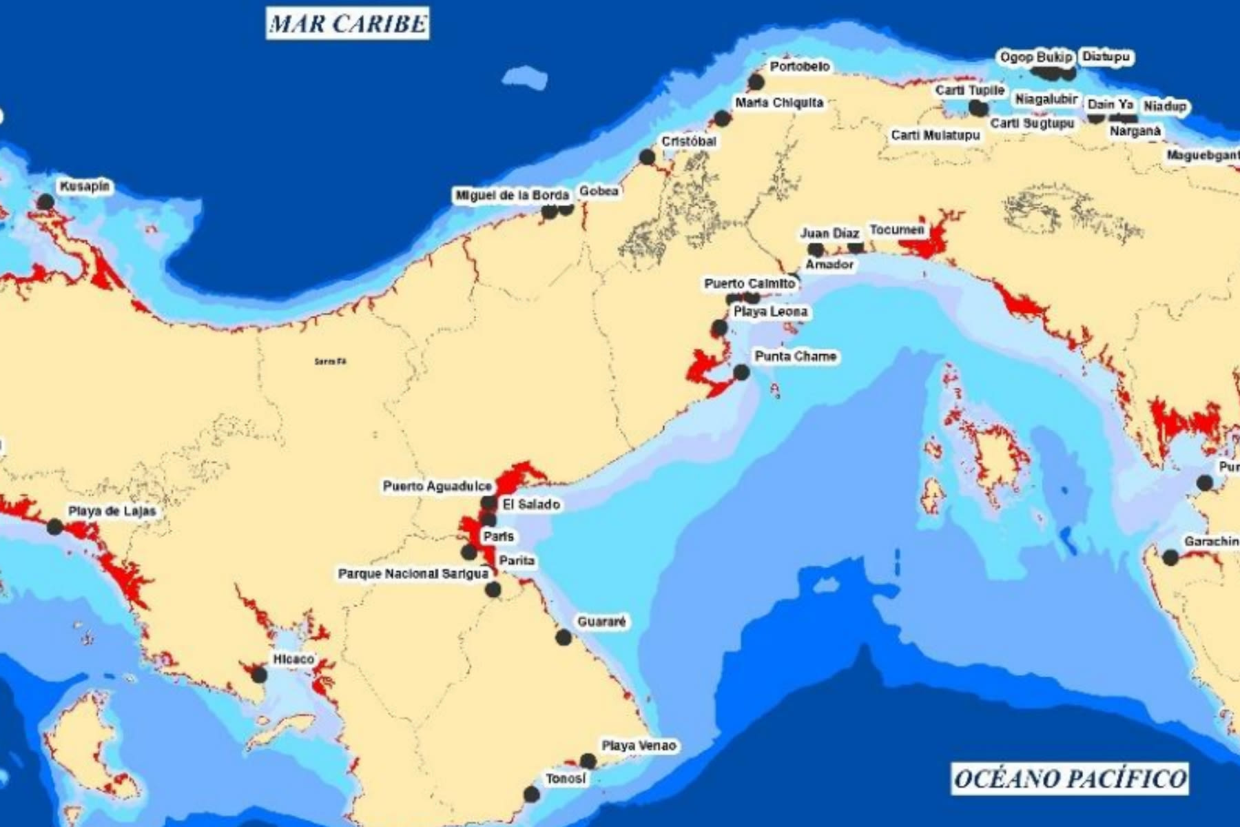 Panama map shows sea level rise impact by 2050