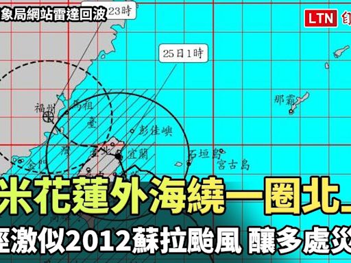 凱米花蓮外海繞一圈北上 路徑激似2012蘇拉颱風 釀多處災情(翻攝自氣象局網站雷達回波) - 自由電子報影音頻道