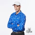 【Lynx Golf】男款吸濕排汗滿版果嶺球車俏皮印花長袖POLO衫-藍色