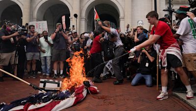 Harris condemns flag burning, Hamas graffiti at protest in Washington