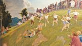 Cheese rolling chaos captured in serene old-timey paintings