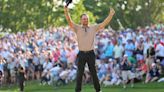 Xander Schauffele of the United States celebrates after winning on the 18th green during the final round of the 2024 PGA Championship at Valhalla Golf Club on May 19, 2024, in...