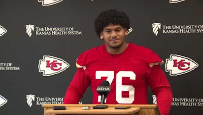 Offensive lineman Kingsley Suamataia speaks at Chiefs rookie minicamp