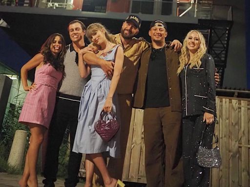 Travis Kelce Wraps an Arm Around Taylor Swift as They Hang With Patrick, Brittany Mahomes in Europe