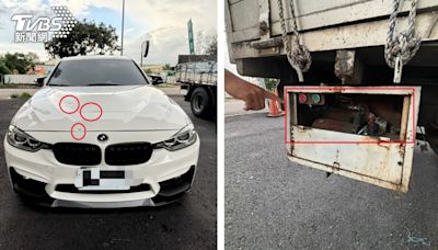 國道血滴子？小貨車車尾鐵片脫落噴飛 BMW引擎蓋挨砸3孔│TVBS新聞網