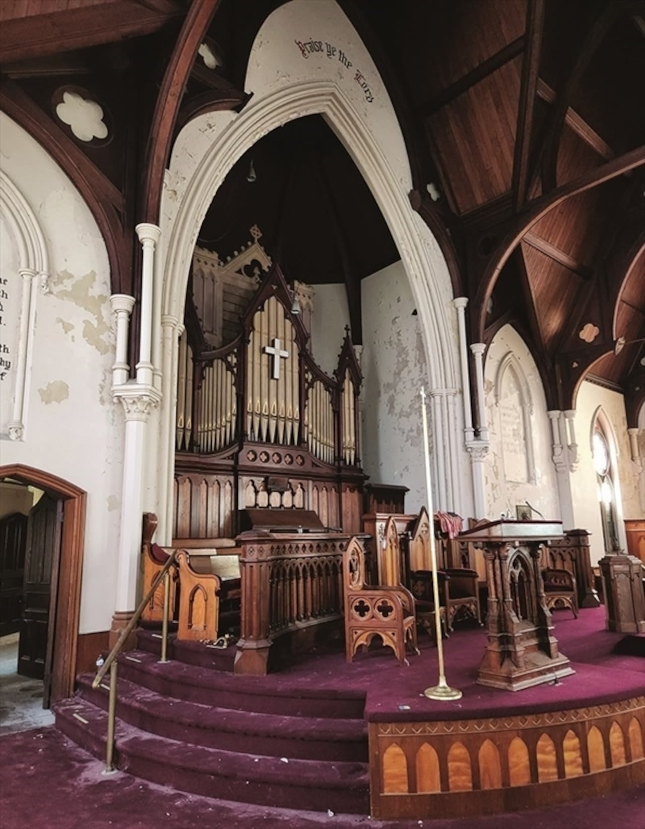 1867 church for sale in Massachusetts has original stained glass windows, pipe organ