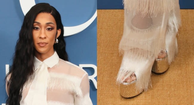 Michaela Jaé Rodriguez Soars in Silver Platform Sandals at NBC Emmys Luncheon