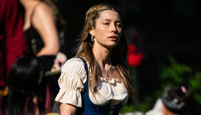 Jessica Biel wears blue bodice while filming The Better Sister in NYC