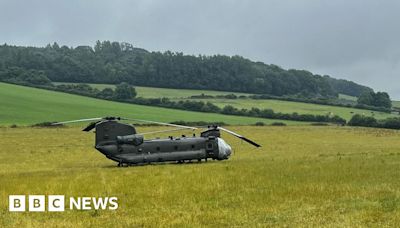 RAF works to repair Chinook helicopter stuck in Bere Regis field
