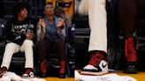Jennifer Hudson and Son David Otunga Jr. Coordinate in Red Laces With Gucci Boots and Air Jordans at Lakers Game