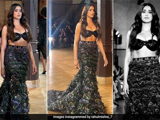 Janhvi Kapoor Makes A Dramatic Debut At Paris ...A Black Textured Skirt And Bustier For Rahul Mishra