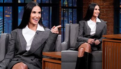 Demi Moore Puts Avant-garde Spin on Suiting in Asymmetrical Blazer Dress for ‘Seth Meyers,’ Talks Keeping Pottery From ‘Ghost’