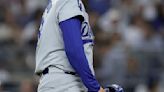 ...Dodgers pitcher Yoshinobu Yamamoto reacts after the final out of the sixth inning against the New York Yankees at Yankee Stadium on Friday, June 7, 2024, in New York...