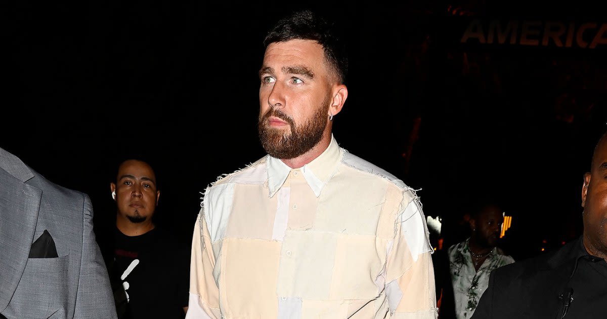 Travis Kelce Pairs Patchwork Outfit With Pink Sneakers at F1 Grand Prix