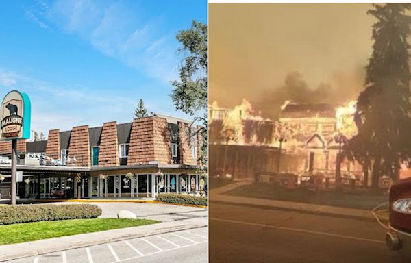 Jasper National Park engulfed in flames: Shocking before and after photos show famous Maligne Lodge burning as Alberta wildfire spreads