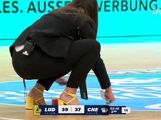 Basketball-Bundesliga : Plötzlich kommt eine Frau in High Heels aufs Spielfeld!