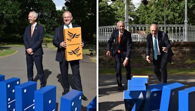 Ed Davey visits Taunton's Vivary Park for a game of dominoes