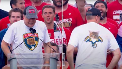 Maurice shows off custom shirt with his cats at Cup parade | NHL.com