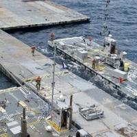 US Central Command picture showing construction work on the floating JLOTS pier, meant to help bring aid into Gaza