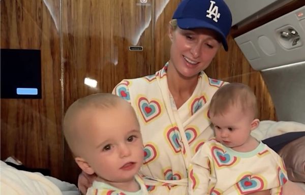 Paris Hilton Twins with Son Phoenix and Daughter London in Matching Pajamas Aboard Private Jet