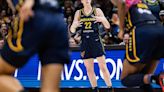 The Indiana Fever's Caitlin Clark celebrates after hitting a 3- point shot in the fourth quarter of a preseason game against the Dallas Wings at College Park Center on ...