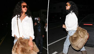 Rihanna brings comically oversized fur Saint Laurent purse to dinner at LA hotspot