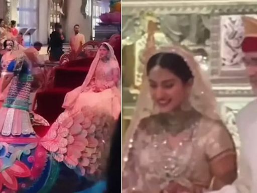 Anant Ambani and Radhika Merchant wedding: Bride arrives in Mayurvahana and walks down the aisle with father Viren during Varmala | Hindi Movie News - Times of India