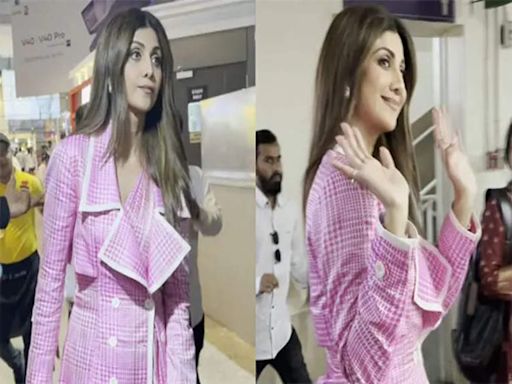 Shilpa Shetty spotted at Mumbai airport in stunning checkered pink-and-white saree | Hindi Movie News - Times of India