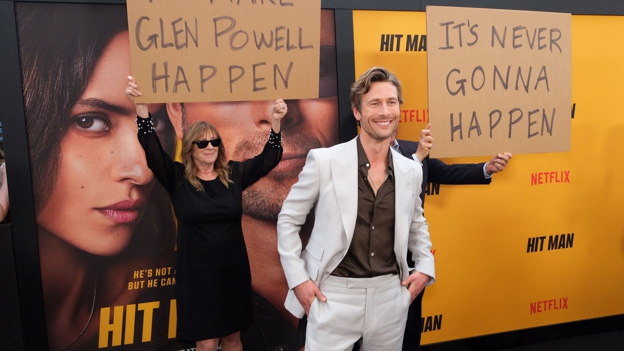 Glen Powell's Parents Hilariously Troll Him at Texas 'Hitman' Premiere