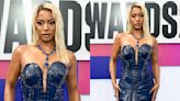 Victoria Monét Puts Edgy Spin on Red Carpet Glamour in Navy Leather Dress With Silver Embellishments for BET Awards 2024