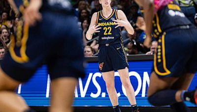 The Indiana Fever's Caitlin Clark celebrates after hitting a 3- point shot in the fourth quarter of a preseason game against the Dallas Wings at College Park Center on ...