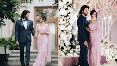 Aishwarya Arjun Dazzled In A Pink Falguni Shane Peacock Saree With Umapathy Ramaiah In A Tuxedo At Their...