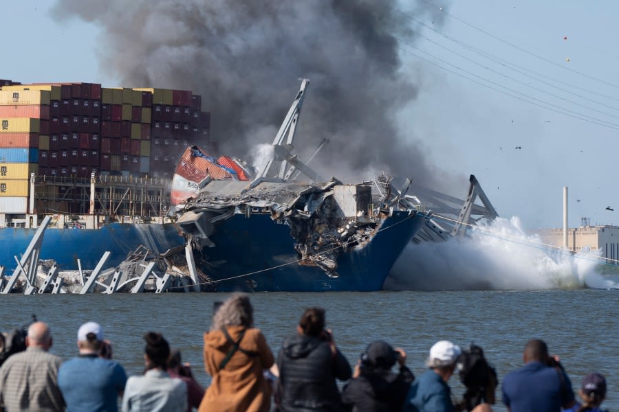 Crew conducts controlled demolition for Baltimore bridge span