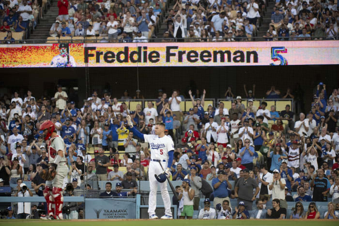 Emotional Freddie Freeman gets hug from Bryce Harper in return to Dodgers as ailing son recovers