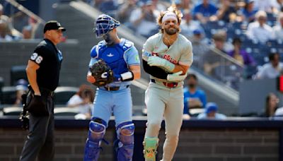 Phillies slugger Bryce Harper leaves game at Toronto after being hit on left elbow by pitch