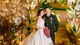 Filipino bride walks down the aisle with onion bouquet