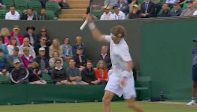 Andrey Rublev smashes racket against knee at Wimbledon in fit of rage