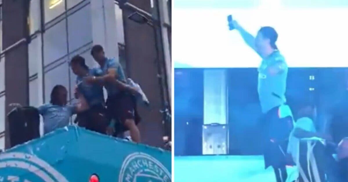 Jack Grealish nearly falls off Man City bus twice as players enjoy boozy party